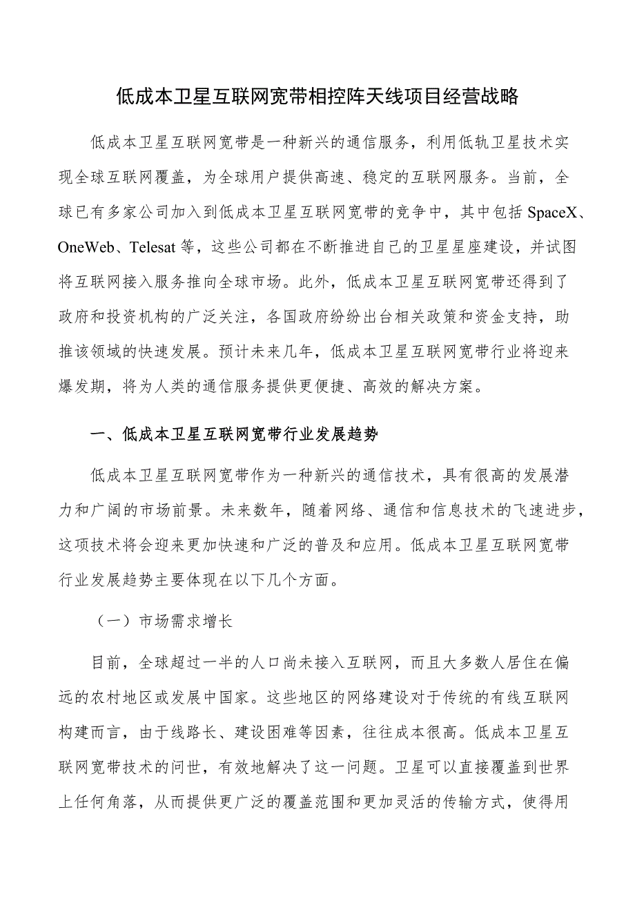 低成本卫星互联网宽带相控阵天线项目经营战略_第1页