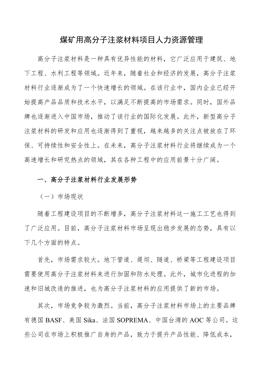 煤矿用高分子注浆材料项目人力资源管理_第1页