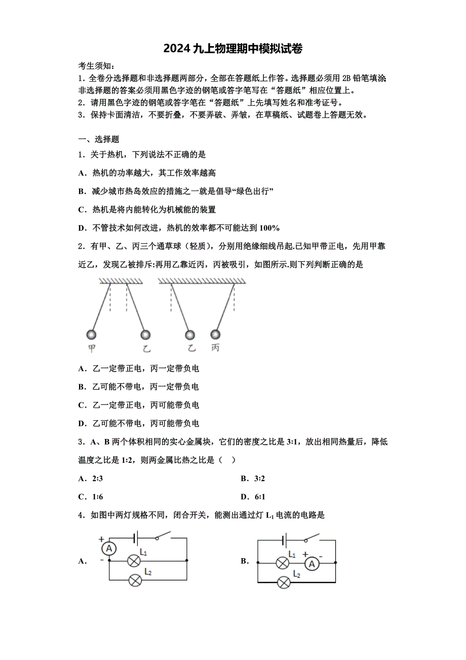 山东省滨州市联考2024学年物理九上期中达标测试试题（含解析）_第1页