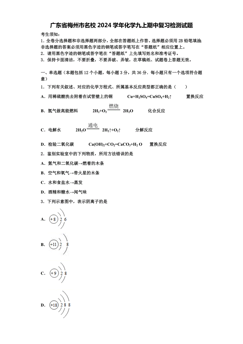 广东省梅州市名校2024学年化学九上期中复习检测试题含解析_第1页