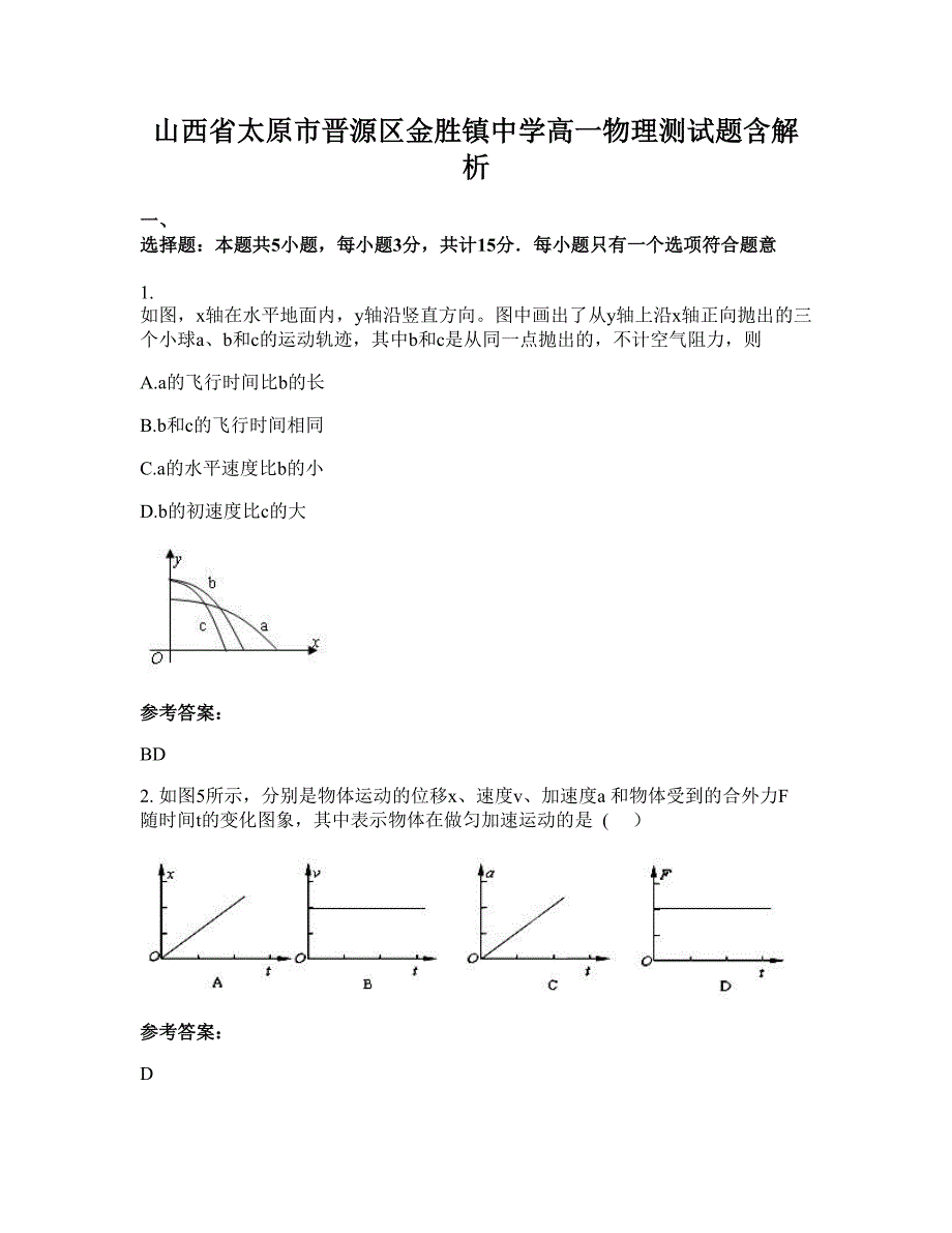 山西省太原市晋源区金胜镇中学高一物理测试题含解析_第1页