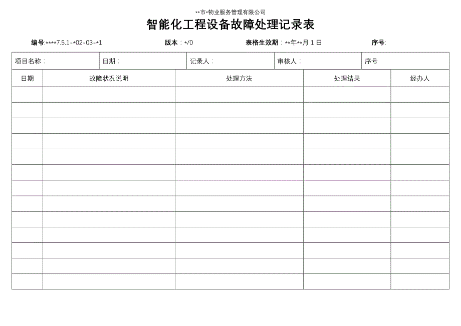 物业资料之 智能化工程设备故障处理记录表模板_第1页