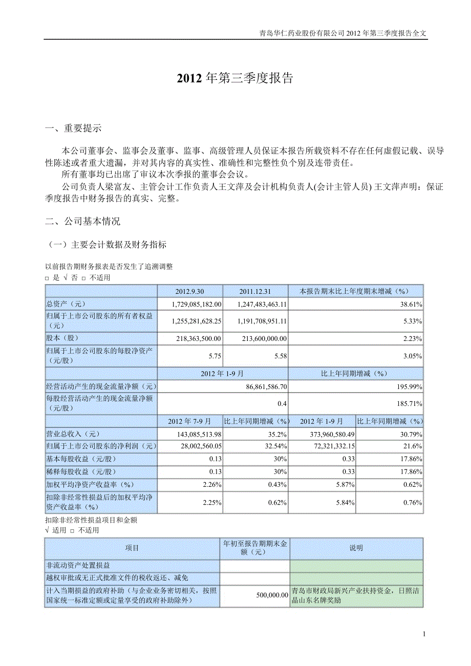 华仁药业：第三季度报告全文_第1页