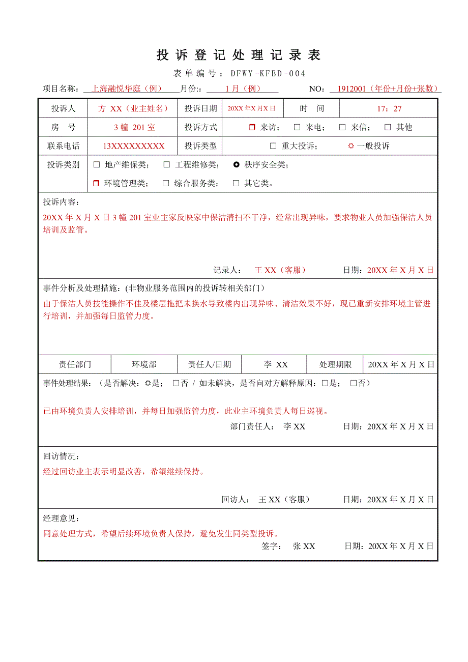 物业管理资料之 投诉登记汇处理记录表模板_第1页