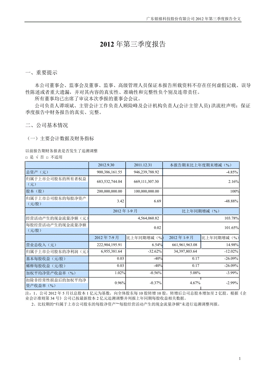 银禧科技：第三季度报告全文_第1页