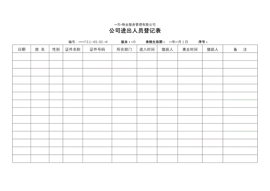 物业资料之 公司进出人员登记表模板_第1页