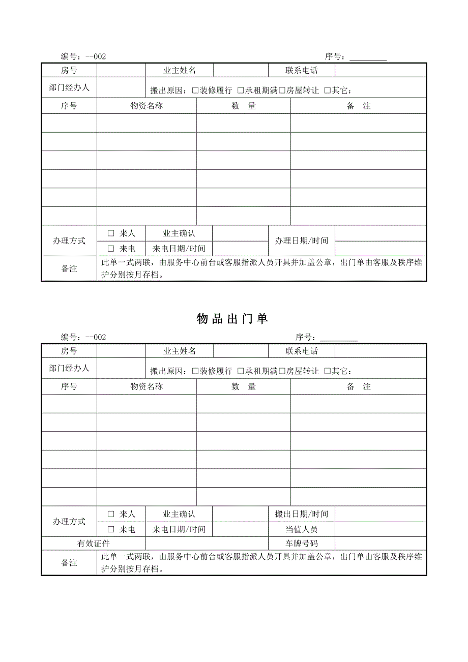 物业管理资料之物品出门单模板_第1页