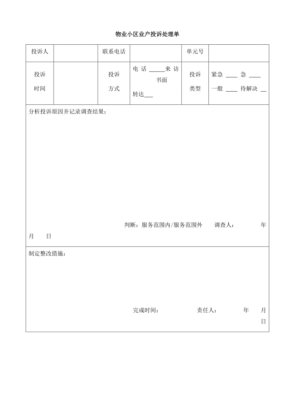物业小区业户投诉处理单_第1页