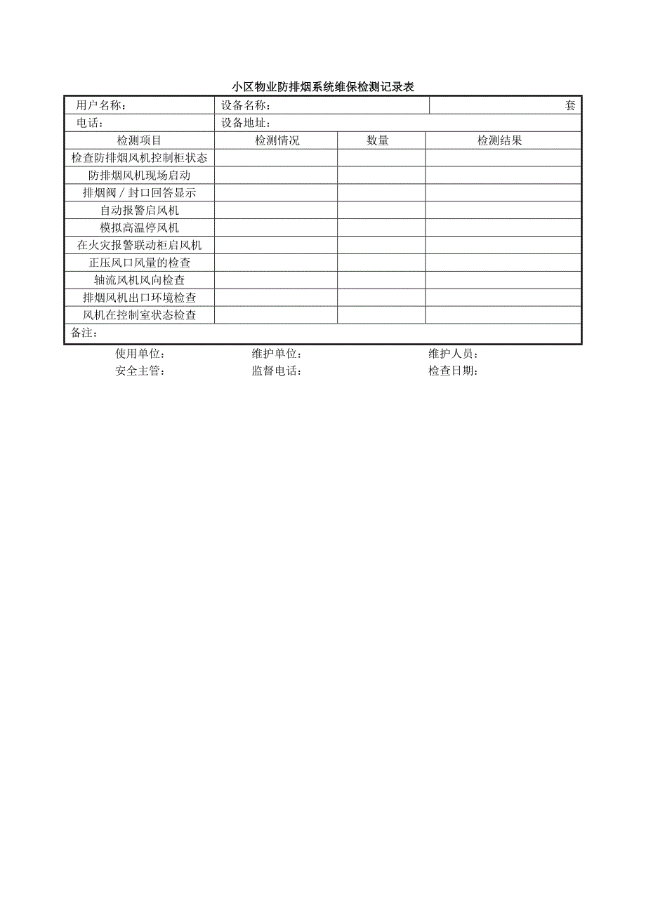 小区物业防排烟系统维保检测记录表_第1页