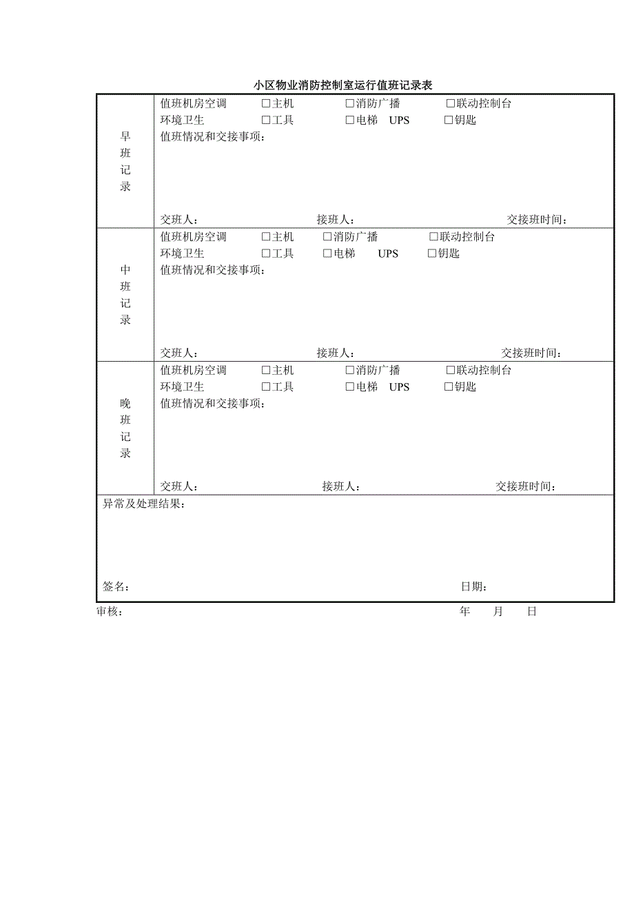 小区物业消防控制室运行值班记录表_第1页