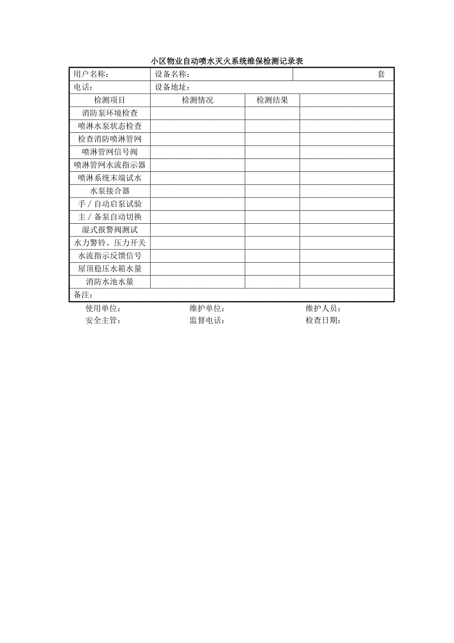 小区物业自动喷水灭火系统维保检测记录表_第1页