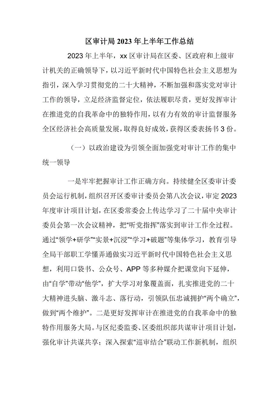 区审计局2023年上半年工作总结_第1页