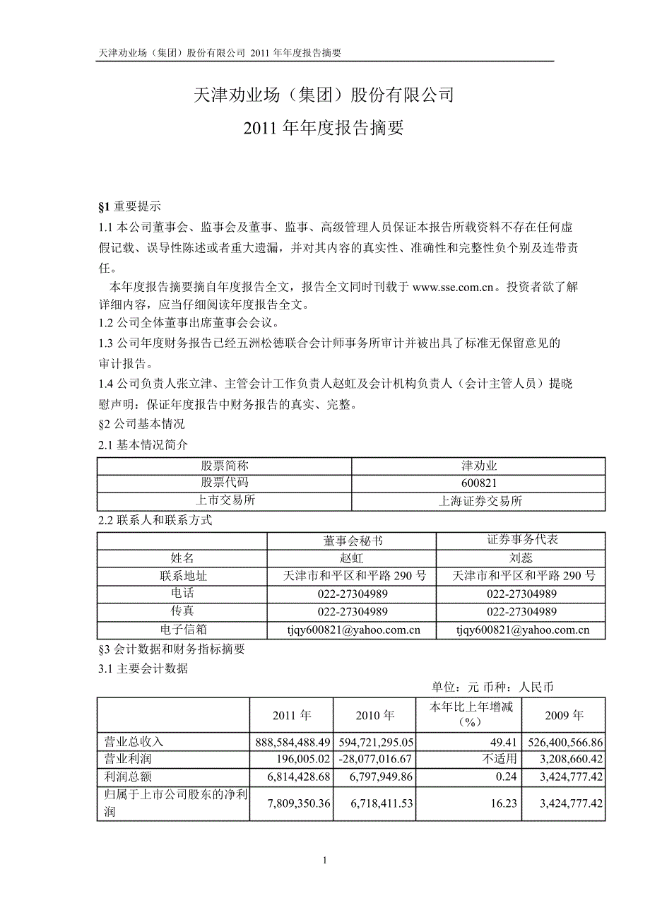 600821 津劝业年报摘要_第1页