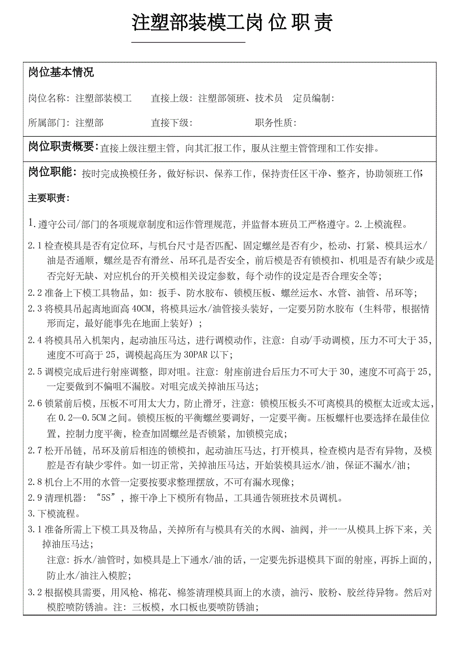 注塑部装模工岗位职责说明_第1页