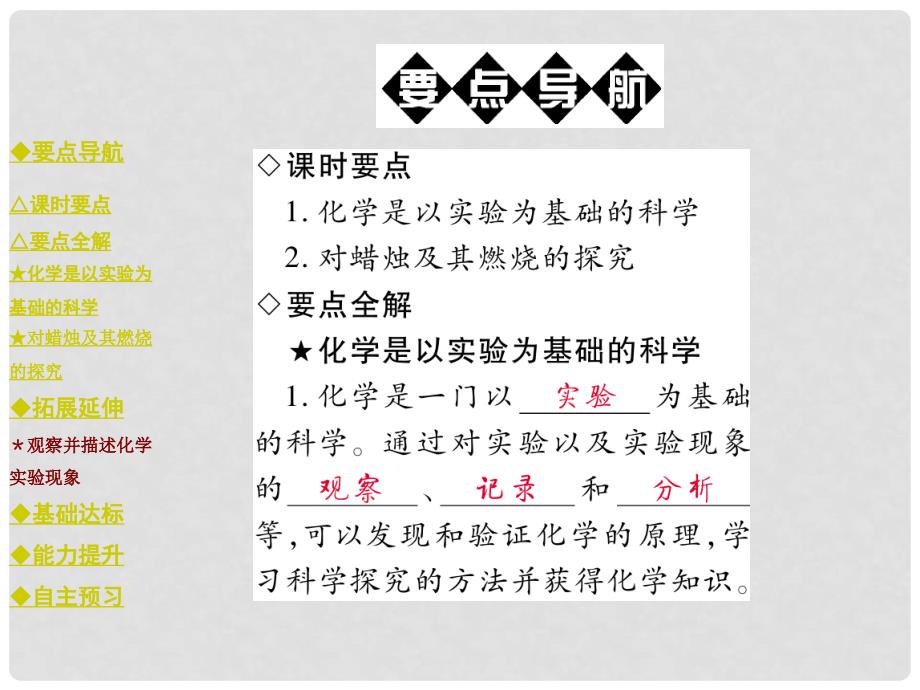 九年级化学上册 第1单元 走进化学世界 课题2 课时一 对蜡烛及其燃烧的探究教学课件 （新版）新人教版_第2页