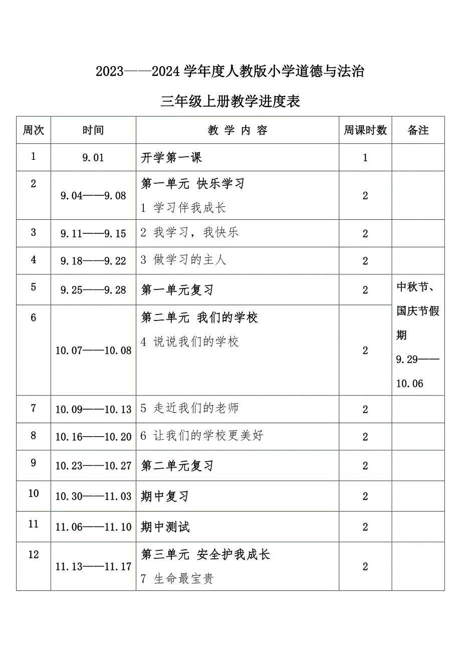 2023年秋学期人教版小学道德与法治三年级上册教学进度表_第1页