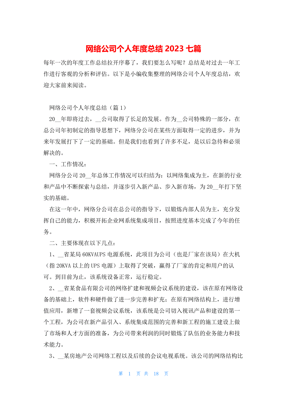 网络公司个人年度总结2023七篇_第1页