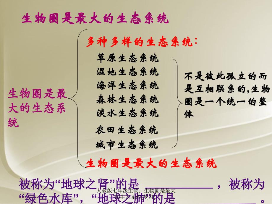 人教版七年级生物生物圈是最大的生态系统复习课件_第1页