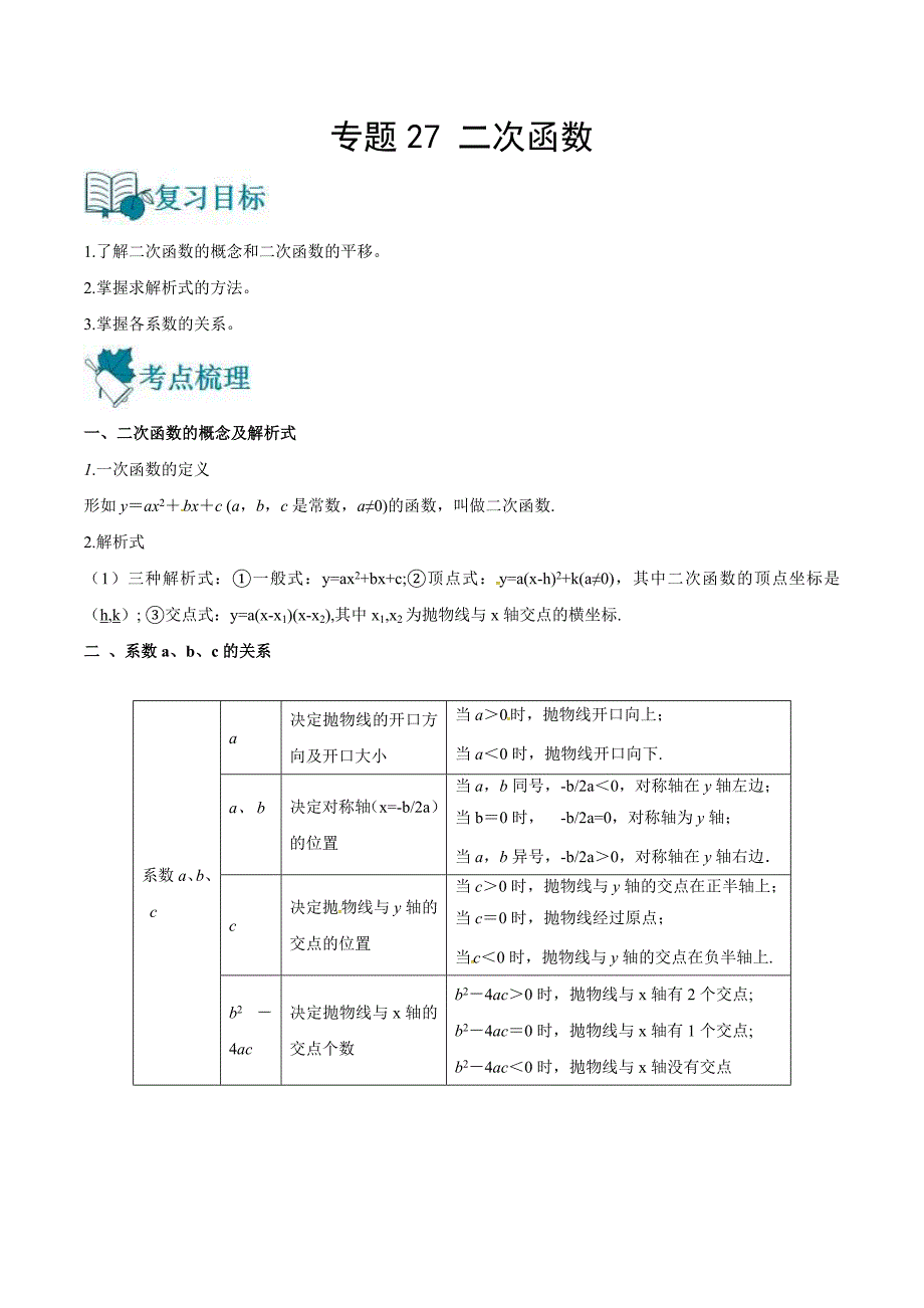 中考数学一轮复习精选专题27 二次函数（测练）（教师版）_第1页