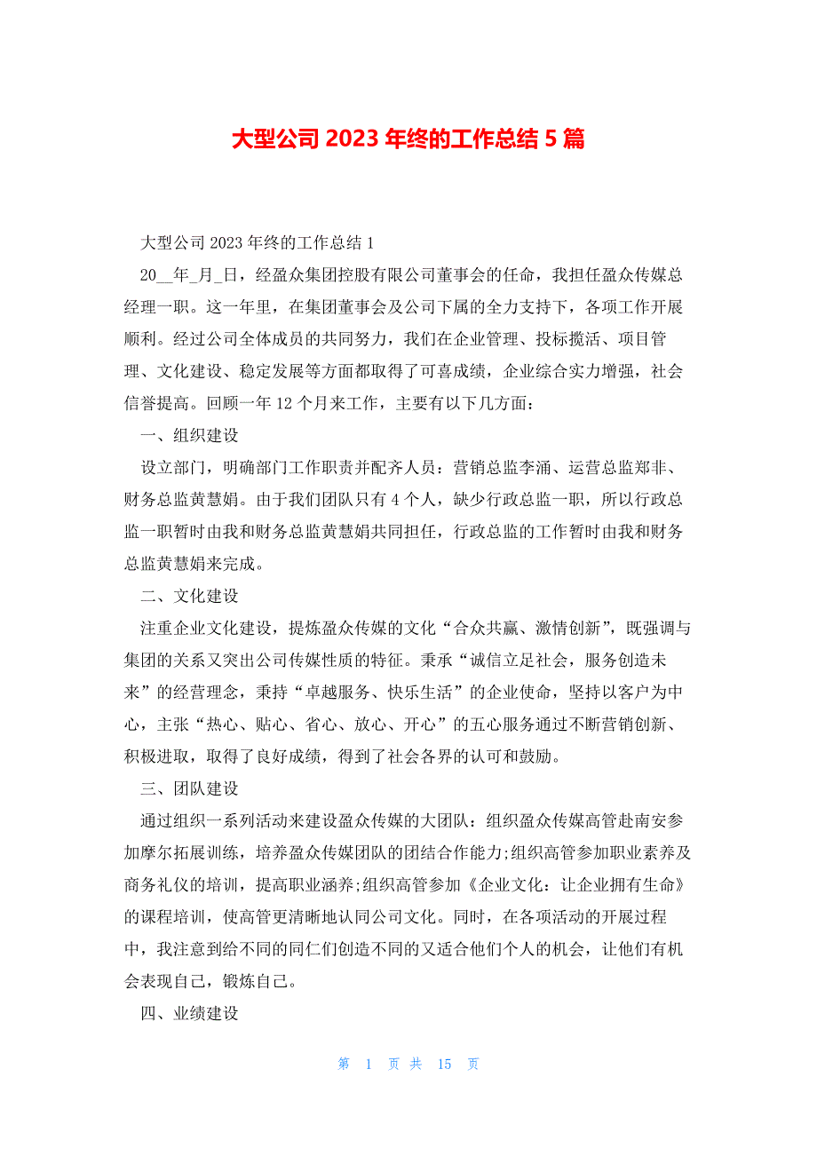 大型公司2023年终的工作总结5篇_第1页