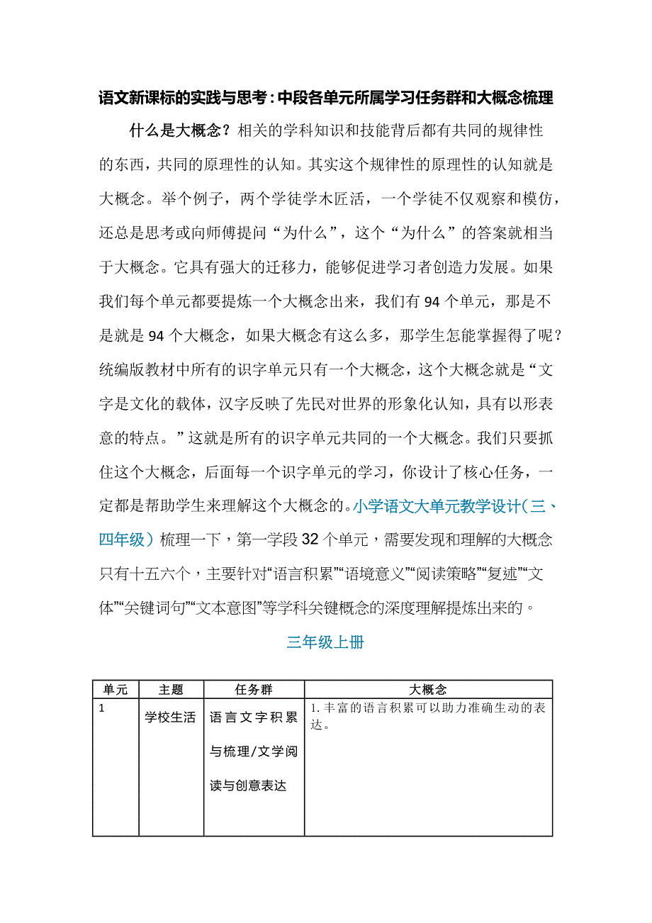 语文新课标的实践与思考：中段各单元所属学习任务群和大概念梳理_第1页