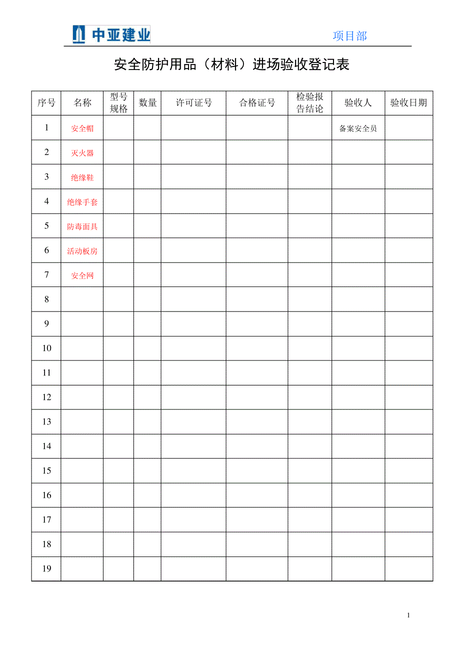 3.1安全防护用品(材料)验收记录_第1页