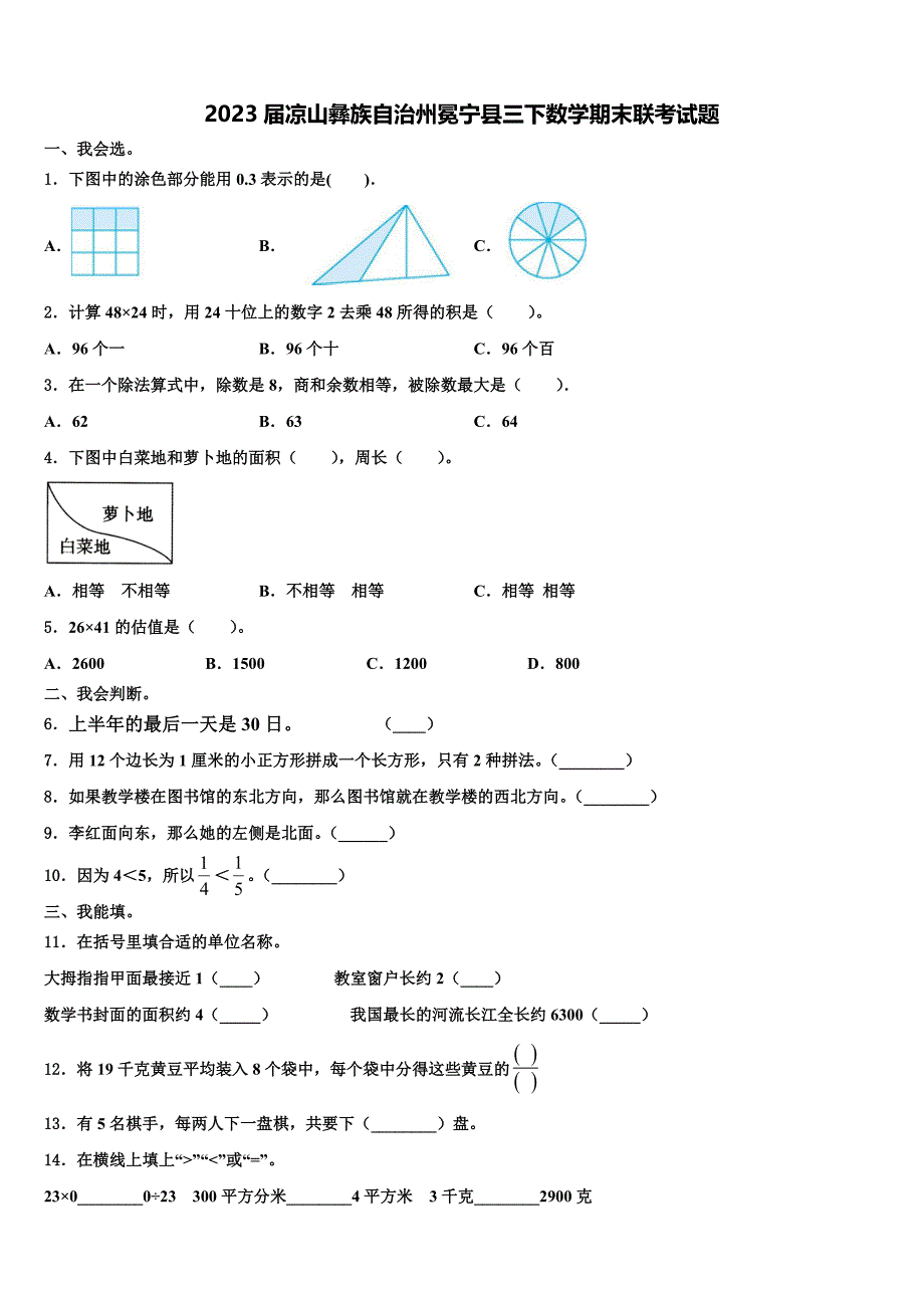 2023届凉山彝族自治州冕宁县三下数学期末联考试题含解析_第1页