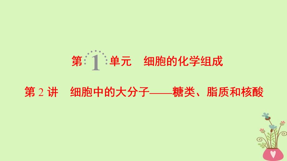 2019版高考生物一轮复习第1单元细胞的化学组成第2讲细胞中的大分子__糖类脂质和核酸课件苏教版_第1页