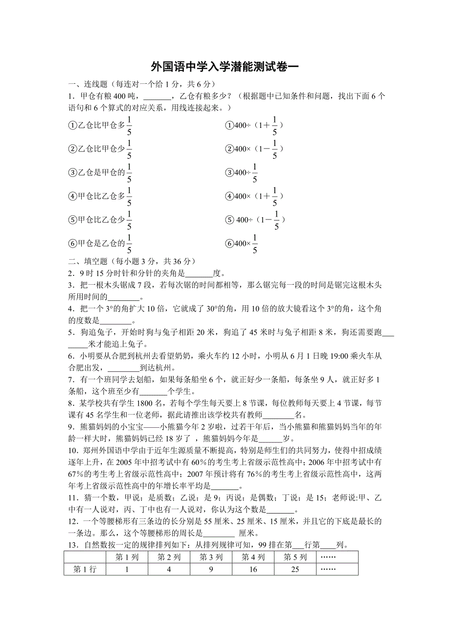 外国语中学入学潜能测试卷一_第1页