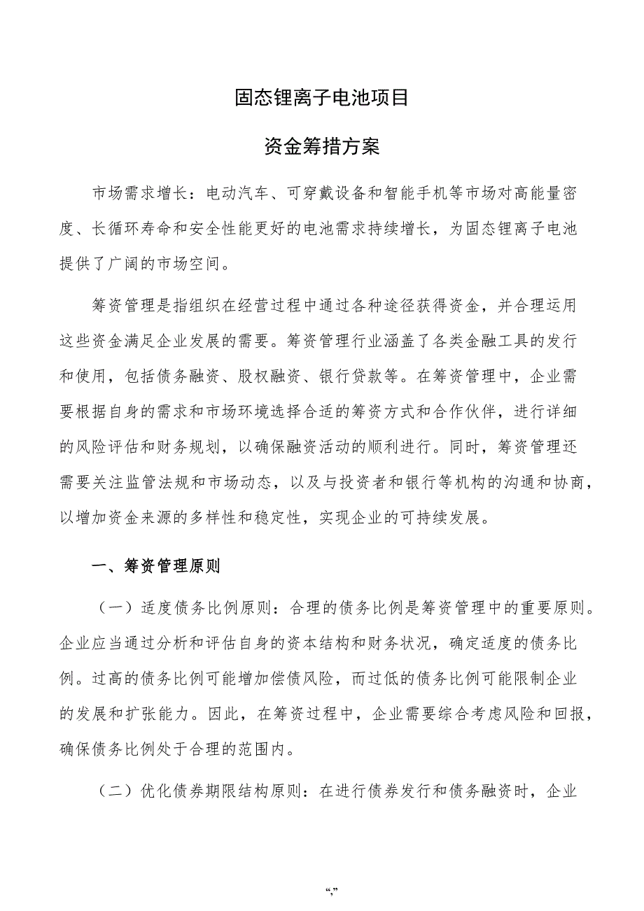 固态锂离子电池项目资金筹措方案（模板）_第1页