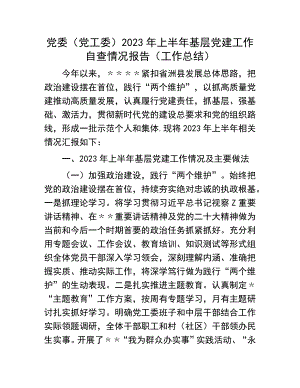 基层党建自查工作总结：党委（党工委）2023年上半年基层党建工作自查情况报告（工作总结）