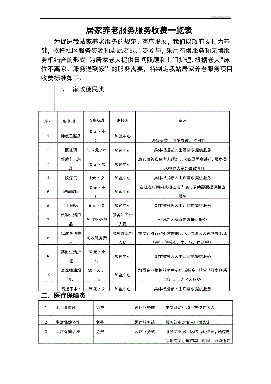 居家养老服务项目收费标准一览表_第1页