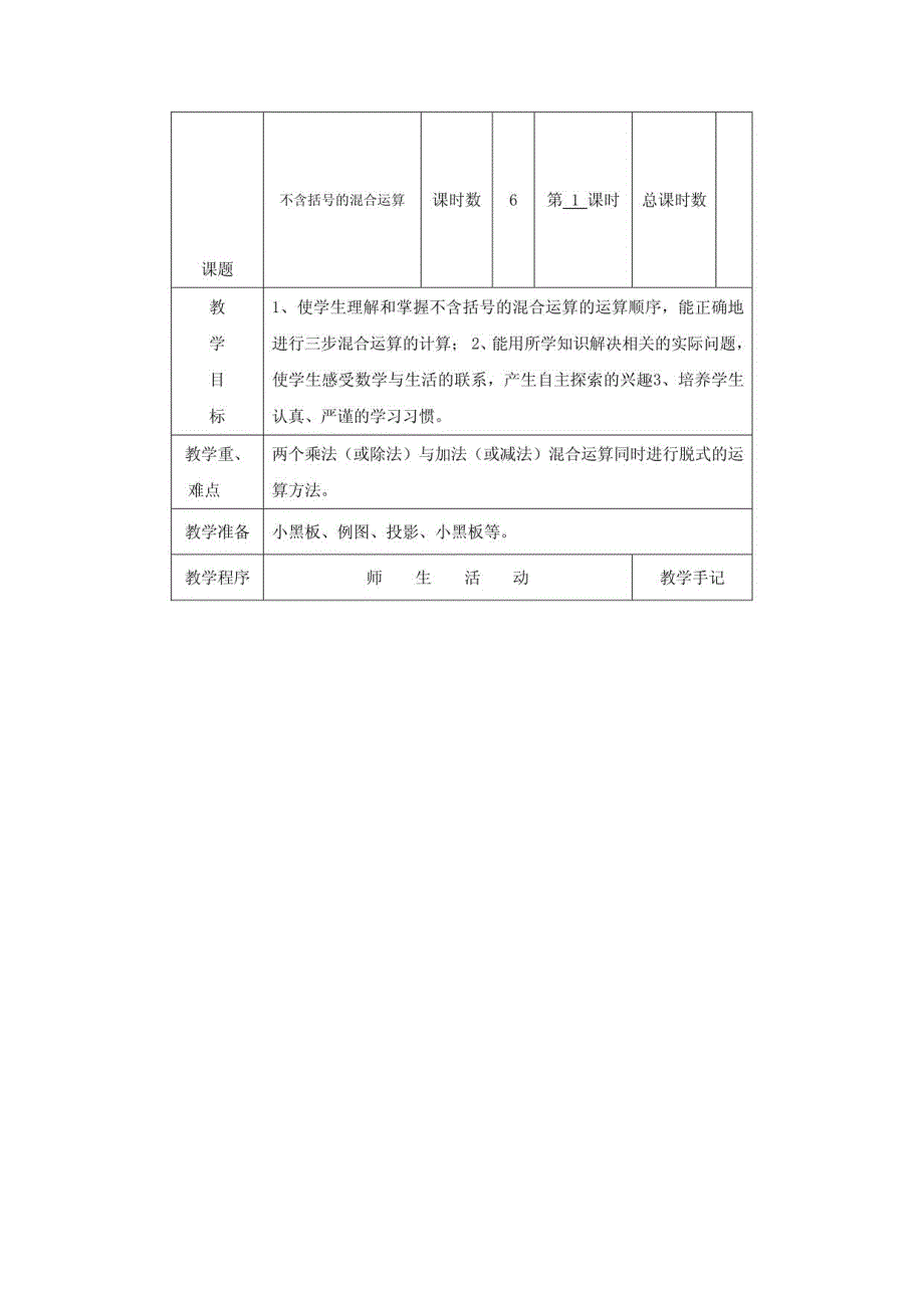 苏教版四年级下数学全册表格式教案_第1页