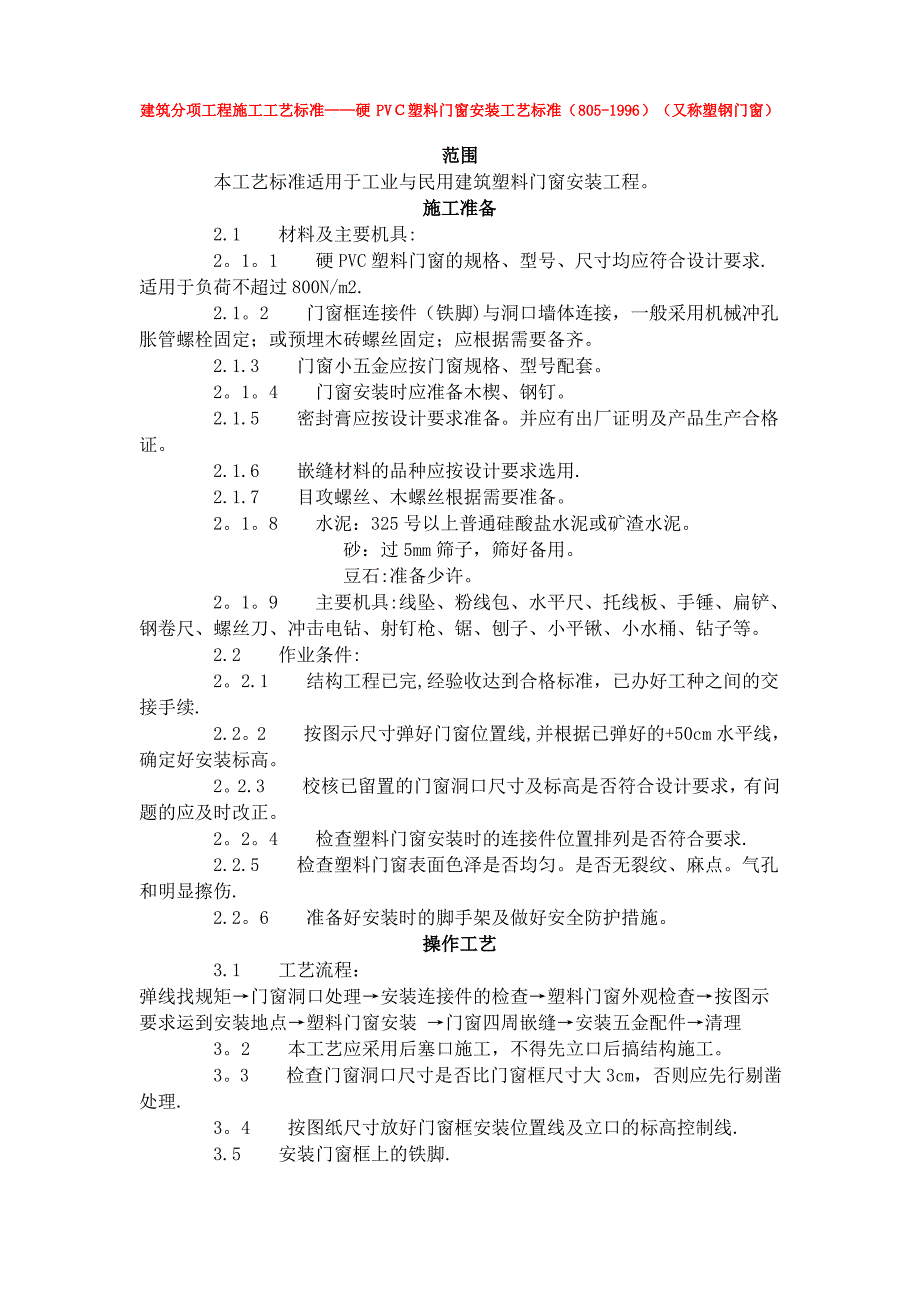 建筑分项工程施工工艺标准--硬PVC塑料门窗安装工艺标准_第1页