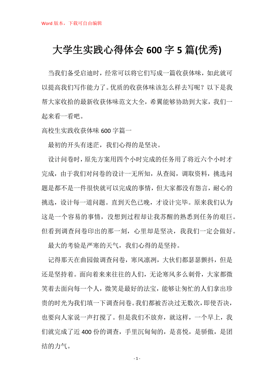 大学生实践心得体会600字5篇(优秀)_第1页