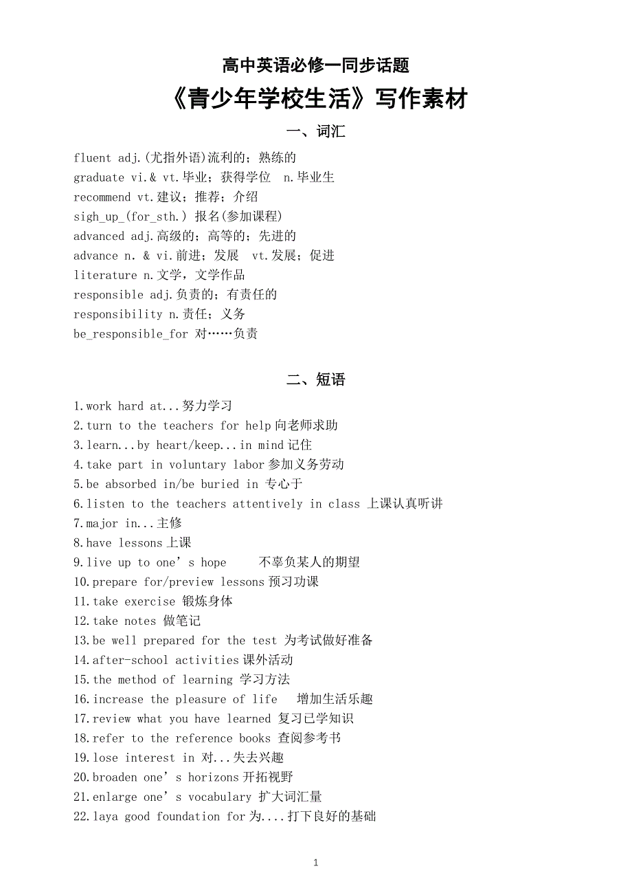 高中英语人教版必修一同步话题《青少年学校生活》写作素材（词汇+短语+句式+写作）_第1页