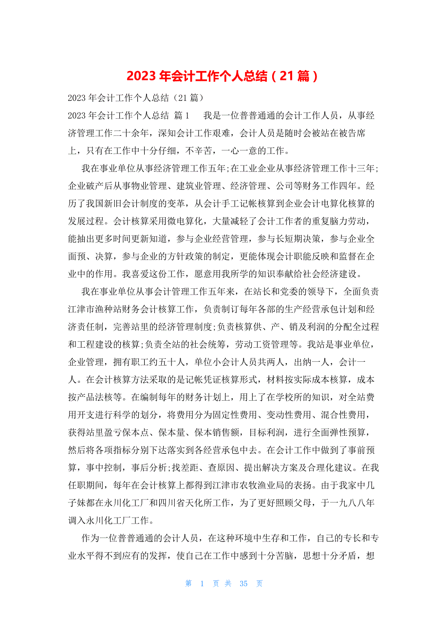 2023年会计工作个人总结（21篇）_第1页