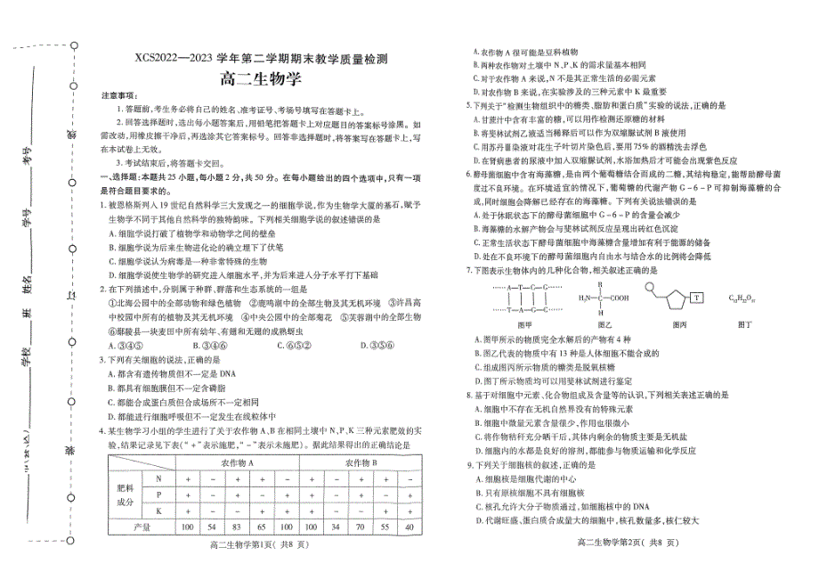 河南省许昌市2022-2023高二下学期期末生物试卷+答案_第1页