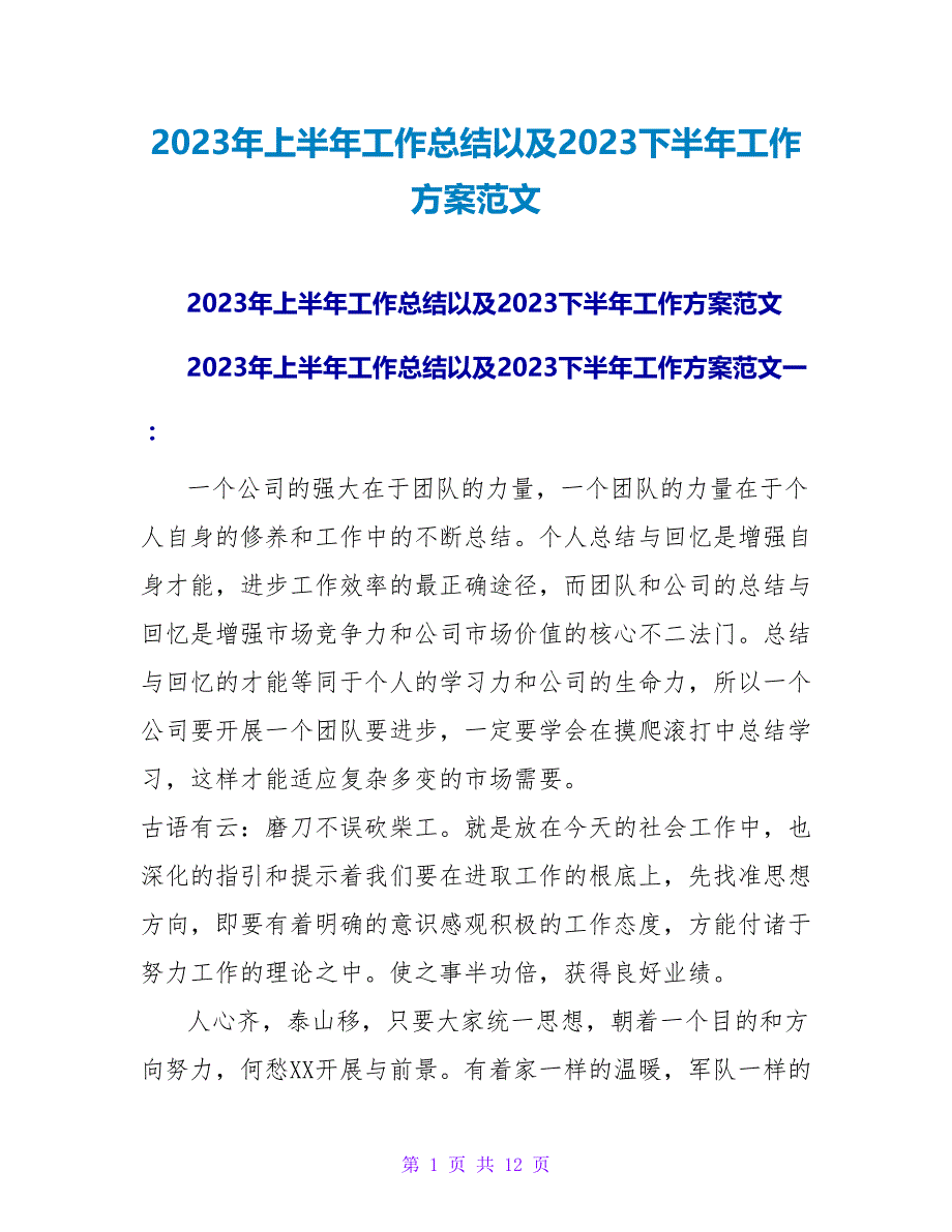 2023年上半年工作总结以及2023下半年工作计划范文2_第1页