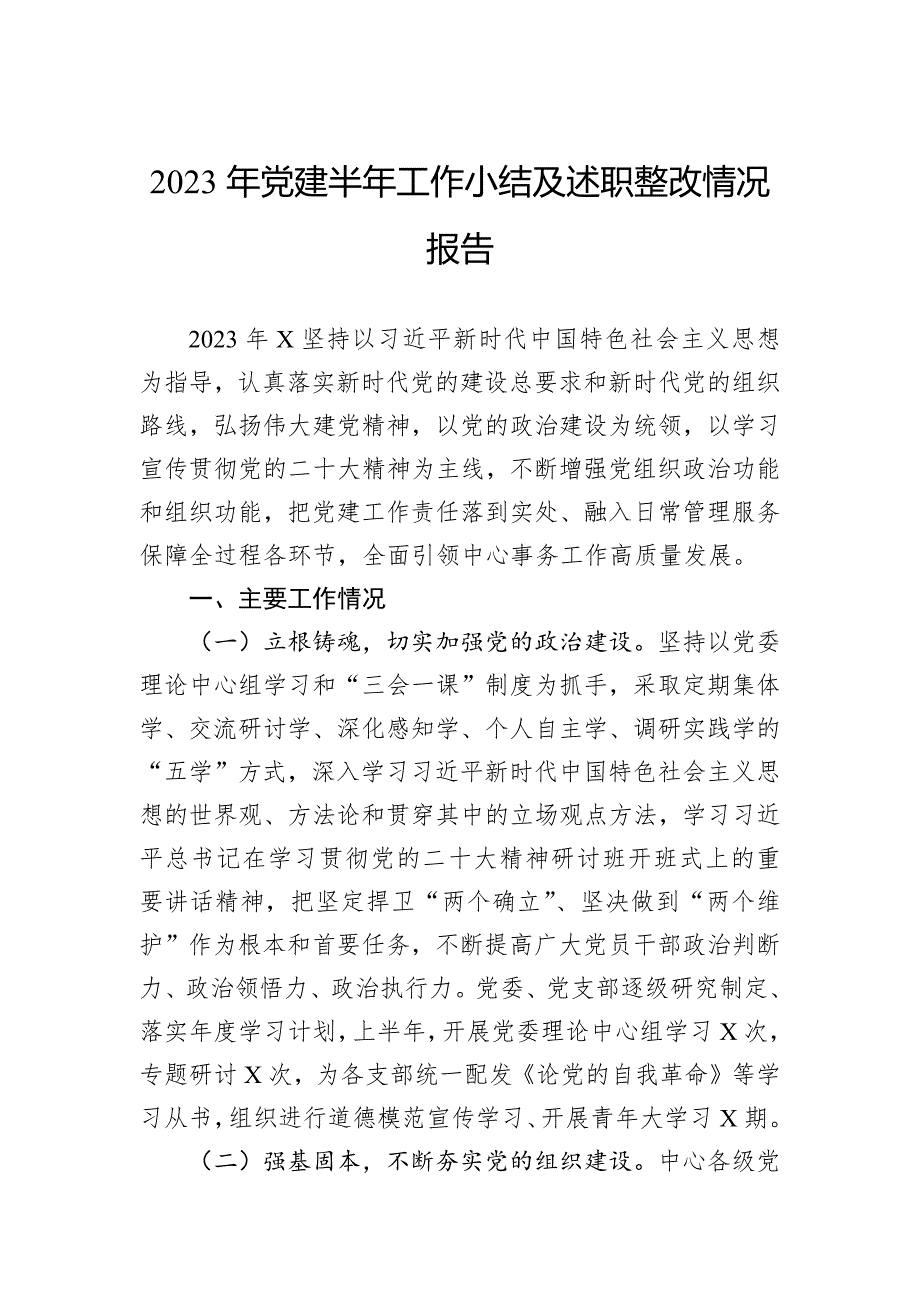 2023年党建半年工作小结及述职整改情况报告_第1页