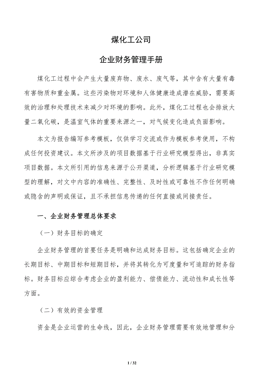 煤化工公司企业财务管理手册（模板范文）_第1页