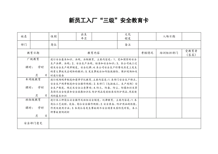 安全生产标准化-新员工入厂“三级”安全教育卡_第1页