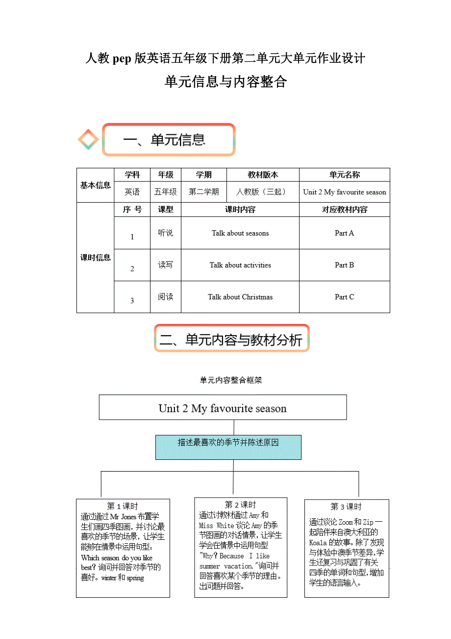 人教pep版英语五年级下册第二单元大单元作业设计_第1页