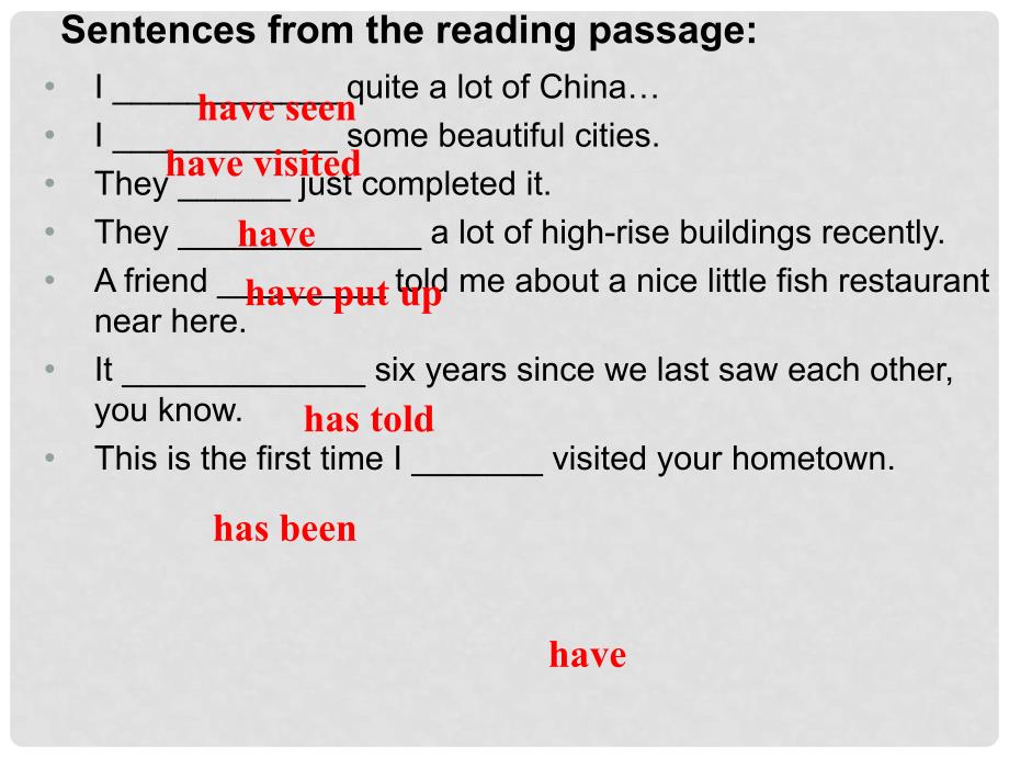 四川省成都市高中英语 Module4 A Social SurveyMy Neighbourhood Grammar present perfect tense课件 外研版必修1_第2页