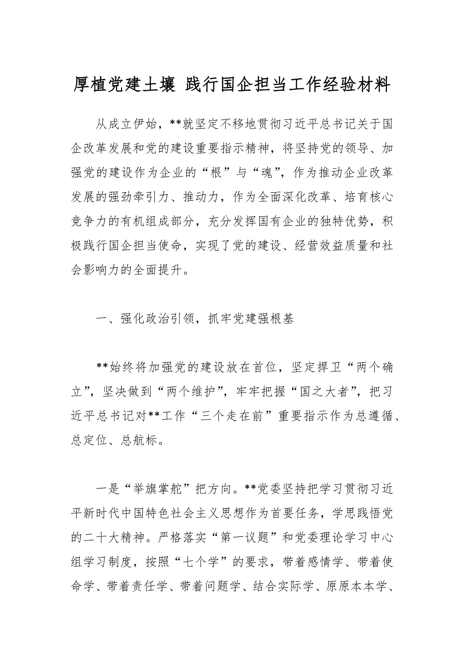 厚植党建土壤 践行国企担当工作经验材料_第1页