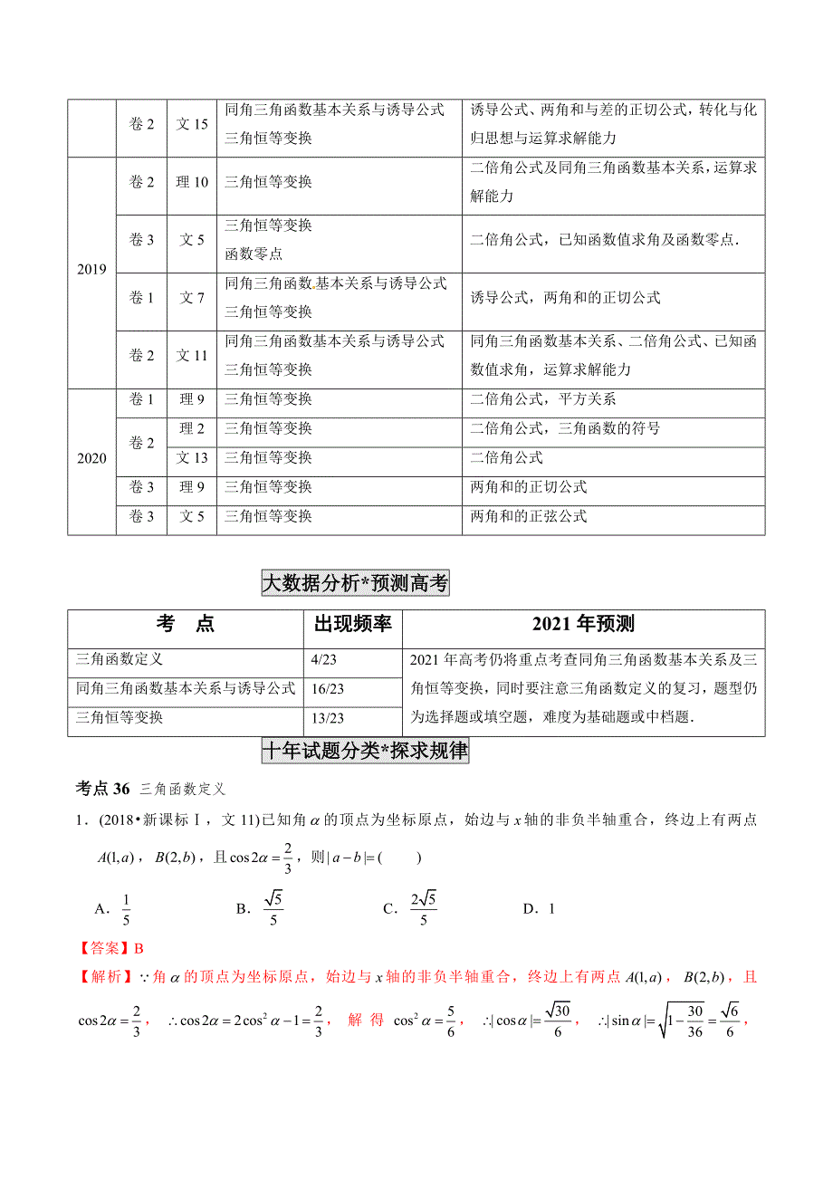 2011-2020年高考数学真题分类汇编 专题11 三角函数定义与三角函数恒等变换（含解析）_第2页