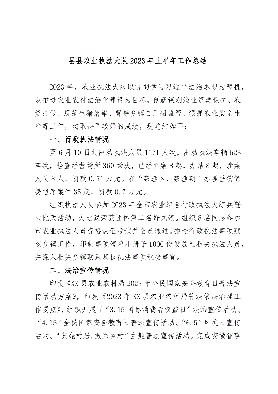 县县农业执法大队2023年上半年工作总结_第1页