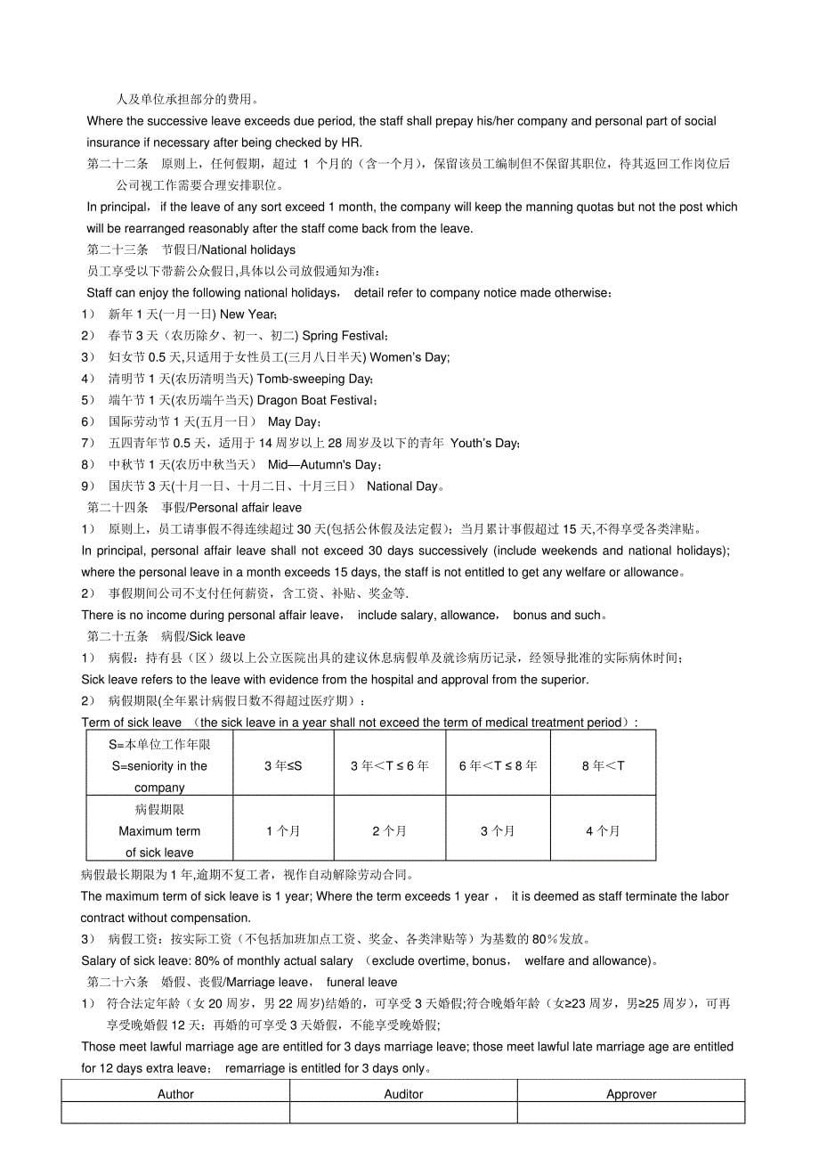 员工考勤管理制度(中英文版本)_第5页