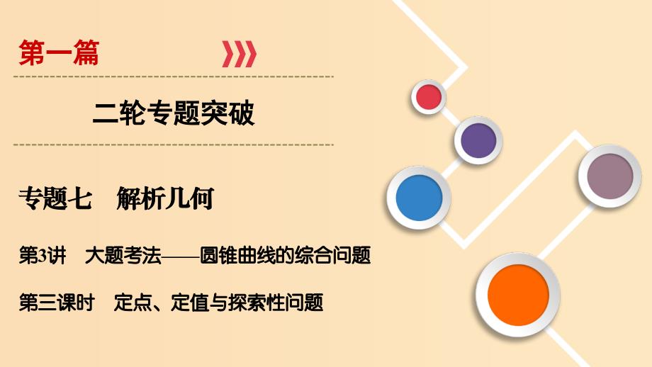 2019版高考数学二轮复习第1篇专题7解析几何第3讲第3课时定点定值与探索性问题课件.ppt_第1页