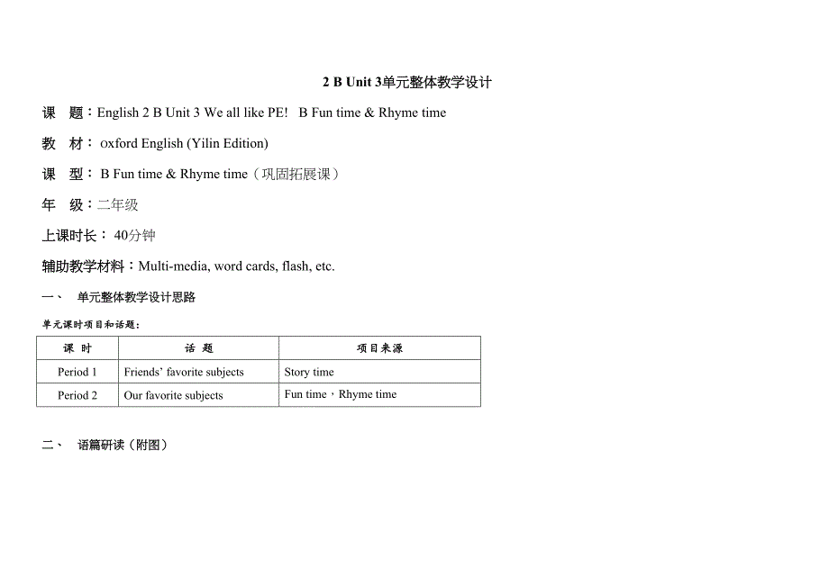 牛津译林版二年级下册Unit 3 We all like PE! B Fun timeRhyme time 单元整体教学设计_第1页